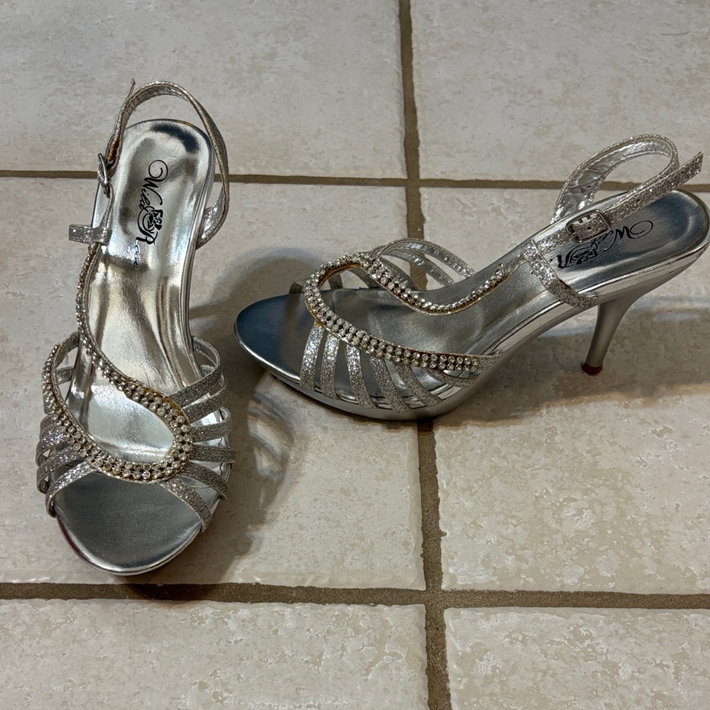 Wild Rose Silver Strappy Heels with Rhinestone Accents